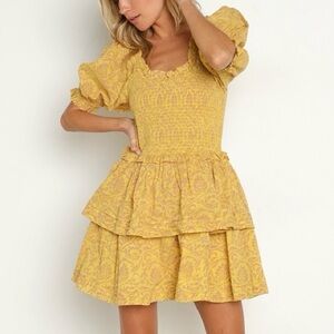 Cleobella Luna Smocked Mini Dress Camellia Yellow New Size Small